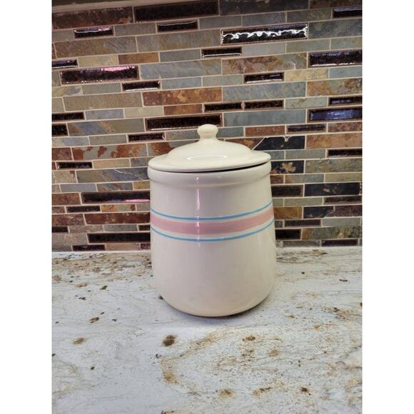 Vintage McCoy Canister 133, Large Jar, Pink Blue Stripes, Stonecraft Storage - Picture 1 of 7